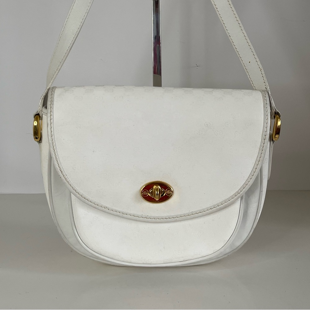 Gucci GG Supreme Vintage White Leather Canvas Crossbody Bag
